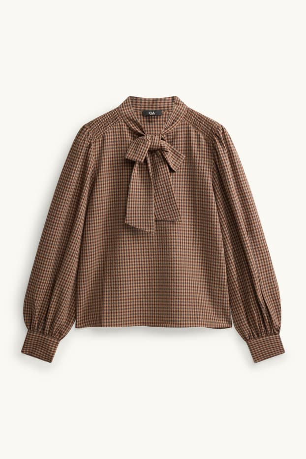 Women - Blouse with knot detail - check - brown
