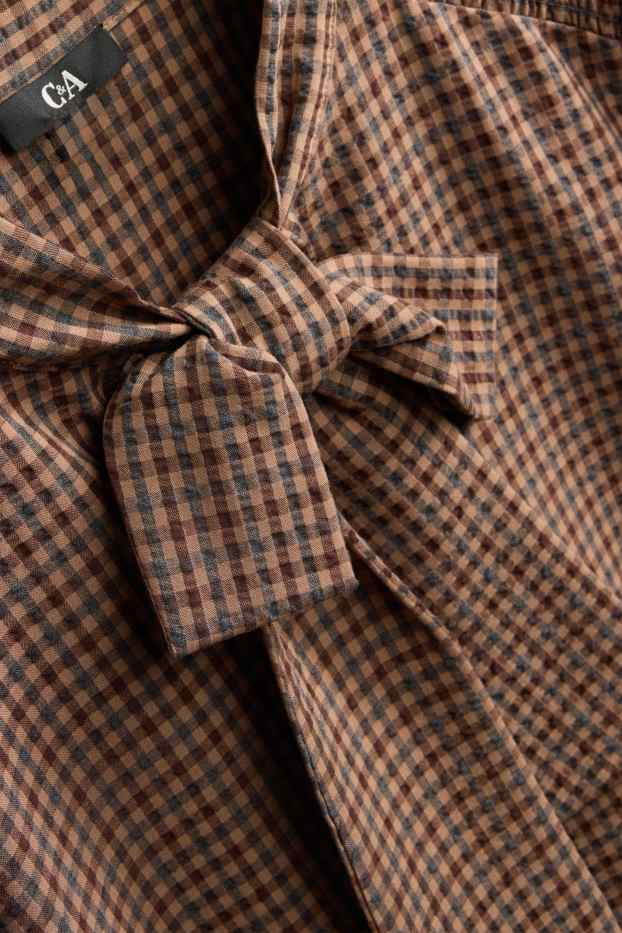 Women - Blouse with knot detail - check - brown