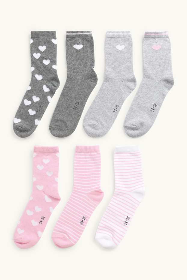 Bambine - Confezione da 7 - motivo cuore - calzini - grigio / fucsia