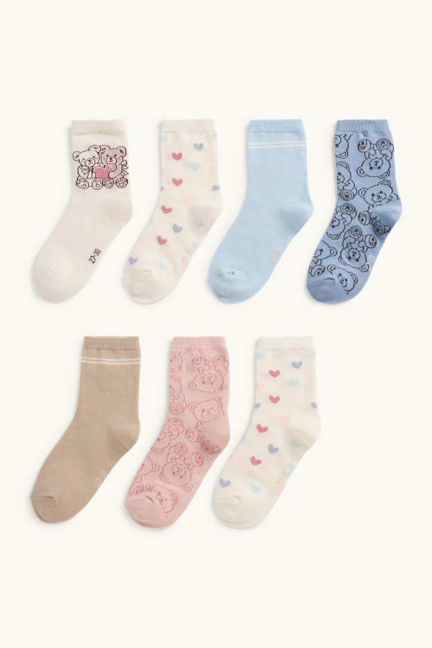 Kinderen: meisjes - Set van 7 paar - teddybeer en hartje - sokken met motief - blauw / crèmekleurig