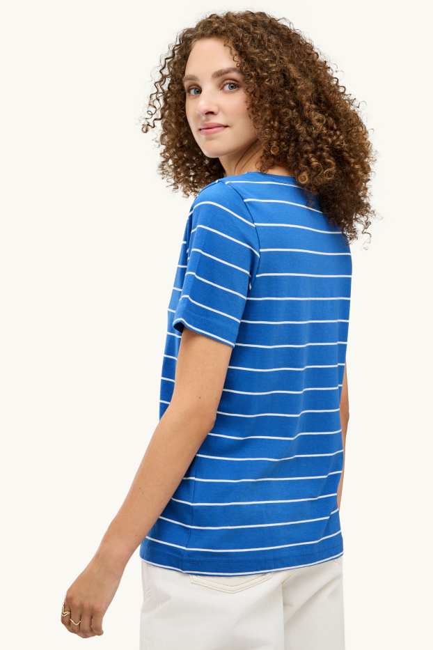 Damen - T-Shirt mit V-Ausschnitt - Regular Fit - gestreift - blau