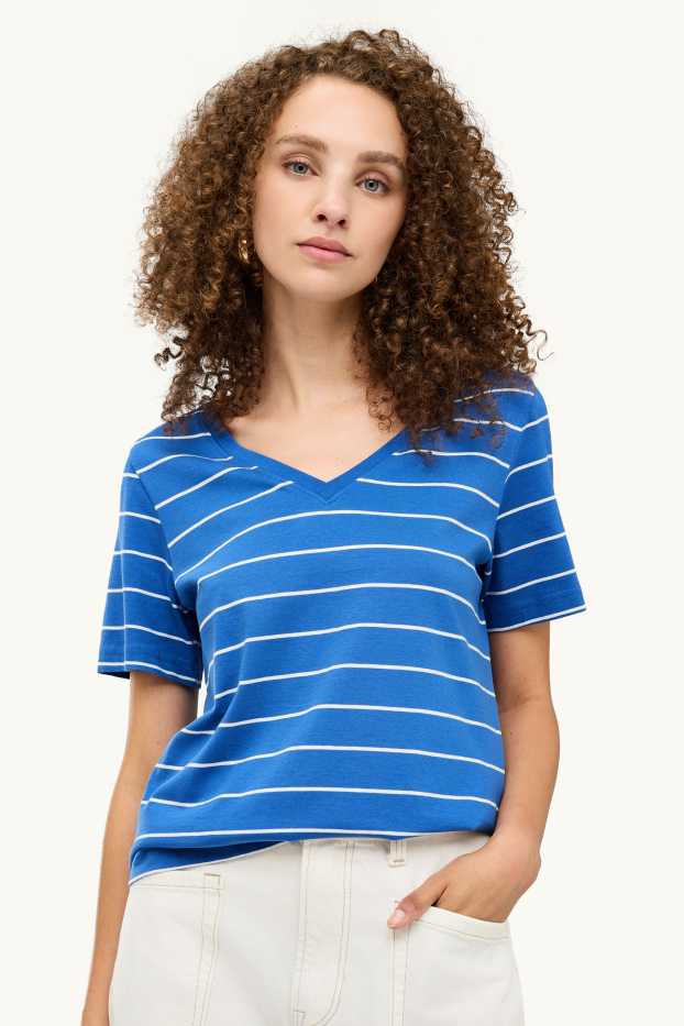 Damen - T-Shirt mit V-Ausschnitt - Regular Fit - gestreift - blau