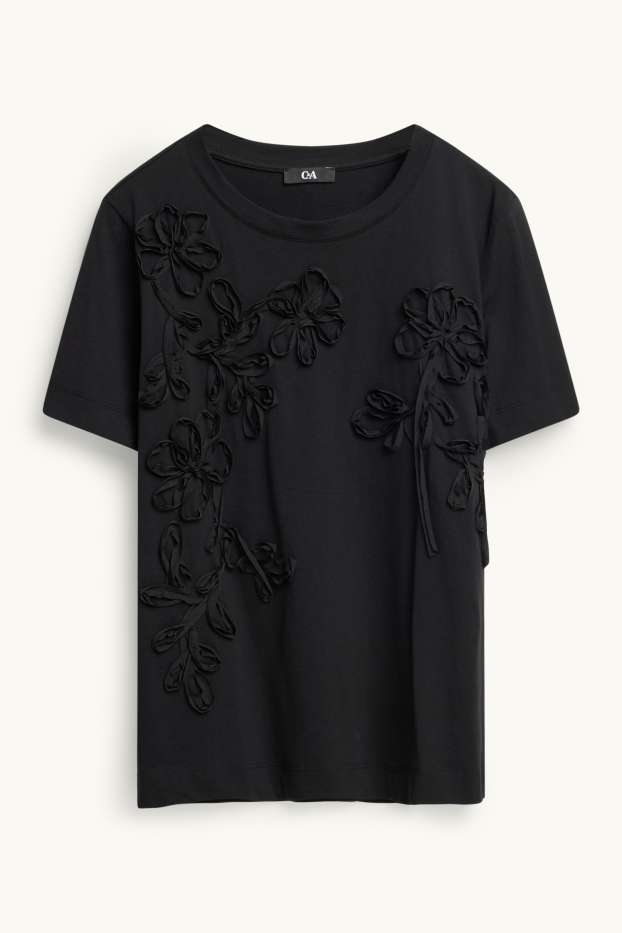 Dames - T-shirt - regular fit - gebloemd - zwart