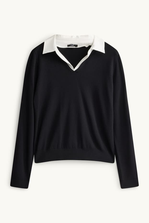 Femmes - Pull à encolure en V - look 2-en-1 - noir / blanc