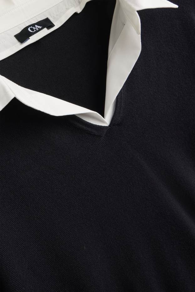 Femmes - Pull à encolure en V - look 2-en-1 - noir / blanc