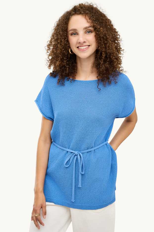 Femmes - Pull en maille - manches courtes - bleu