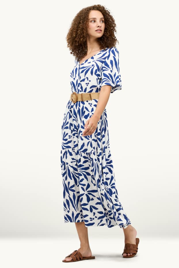 Women - Fit & flare dress with belt - floral - blue / white