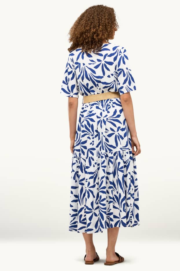 Women - Fit & flare dress with belt - floral - blue / white