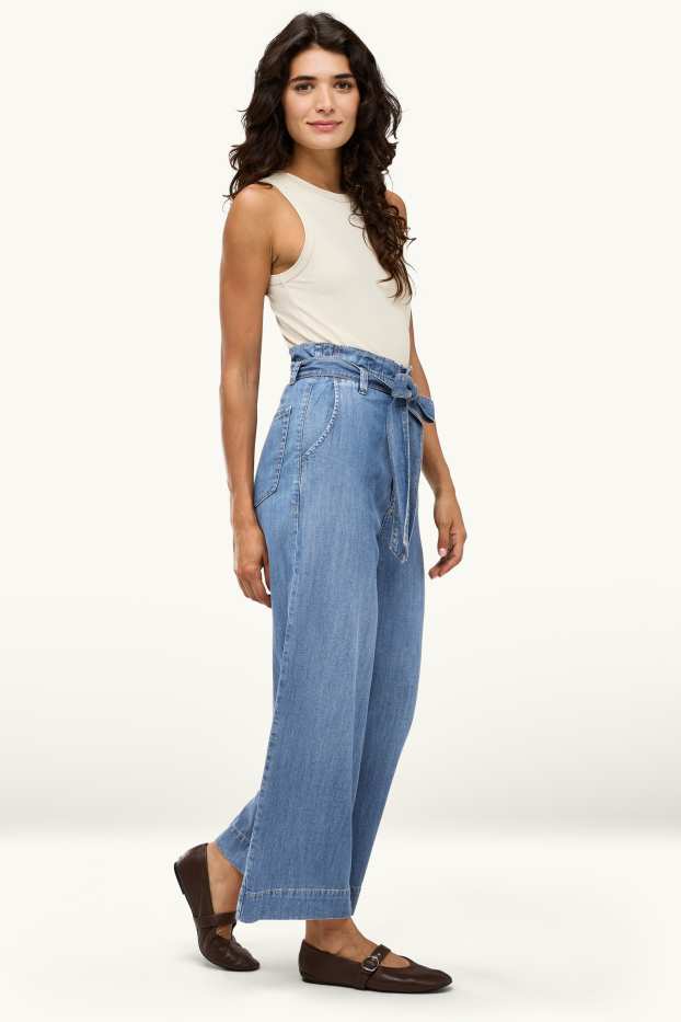 Dames - Korte paperbag jeans - high waist - wide leg - jeansblauw