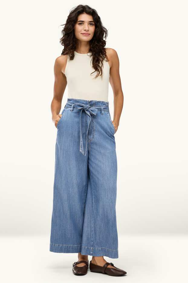 Dames - Korte paperbag jeans - high waist - wide leg - jeansblauw
