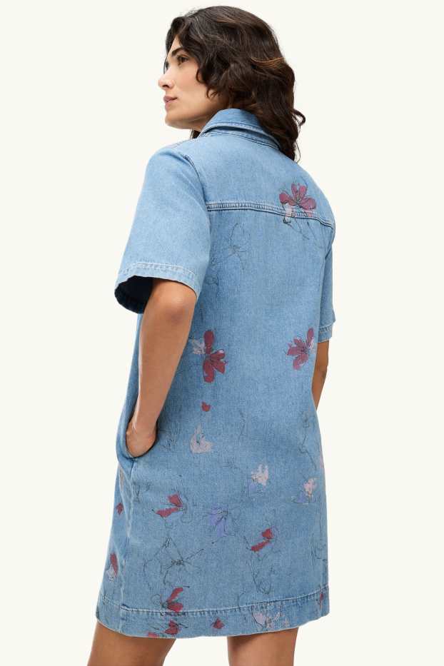 Dames - T-shirt-jurk - gebloemd - jeansblauw