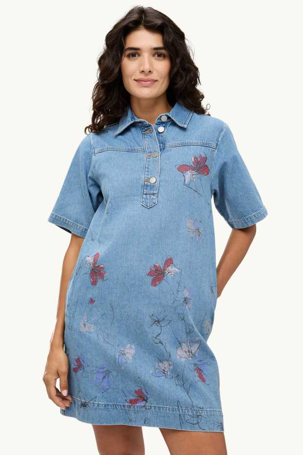 Dames - T-shirt-jurk - gebloemd - jeansblauw