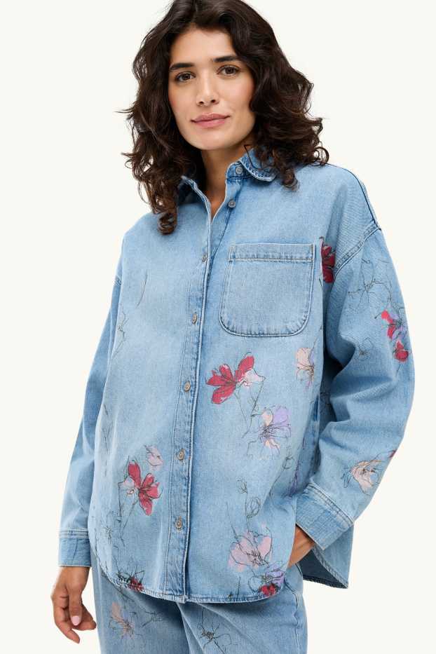 Femei - Bluză tip cămașă din denim - cu flori - denim-albastru deschis