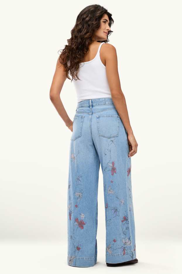Damen - Wide Leg Jeans - Mid Waist - geblümt - jeansblau