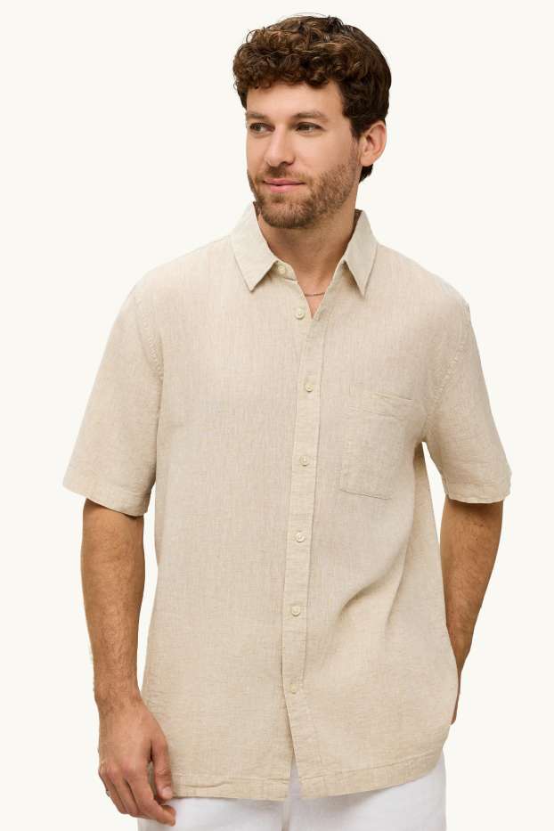 Unisexe - Chemise - regular fit - col kent - lin mélangé - crème