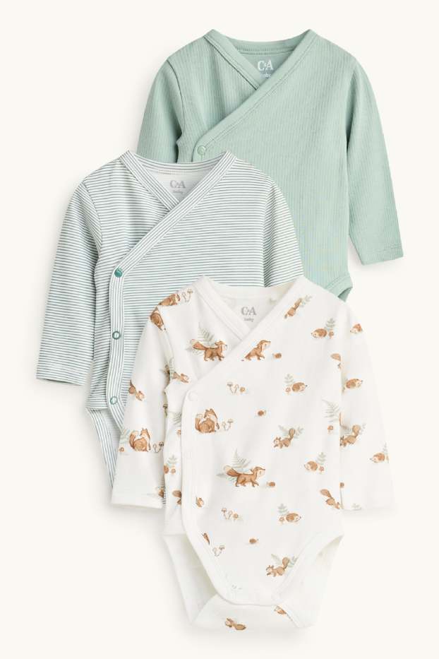 Bébés garçons - Lot de 3 - animaux de la forêt - bodys croisés pour bébé - vert / blanc crème
