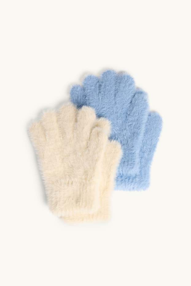 Kinderen: meisjes - Set van 2 paar - handschoenen - blauw / crèmekleurig