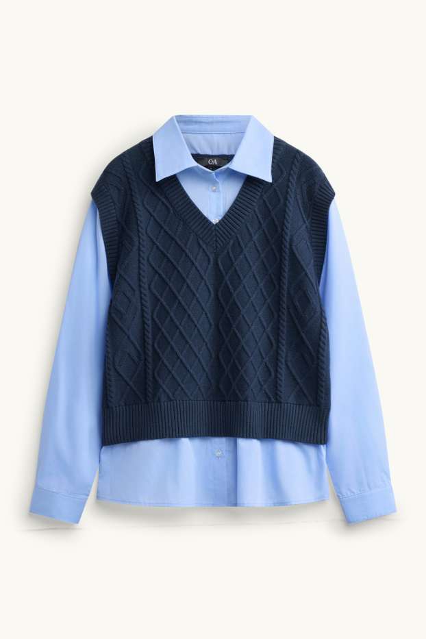 Damen - Pullunder - 2-in-1-Look - Zopfmuster - blau / dunkelblau