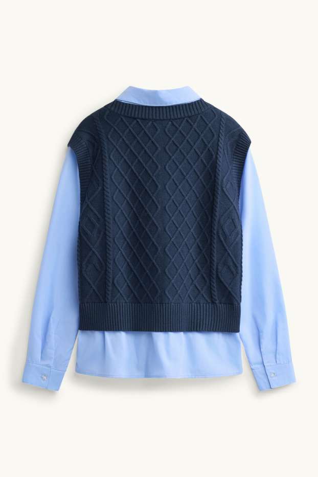 Damen - Pullunder - 2-in-1-Look - Zopfmuster - blau / dunkelblau