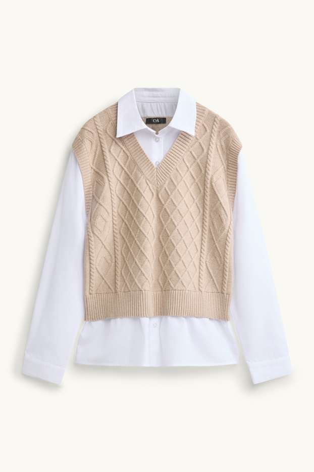 Damen - Pullunder - 2-in-1-Look - Zopfmuster - weiss / beige