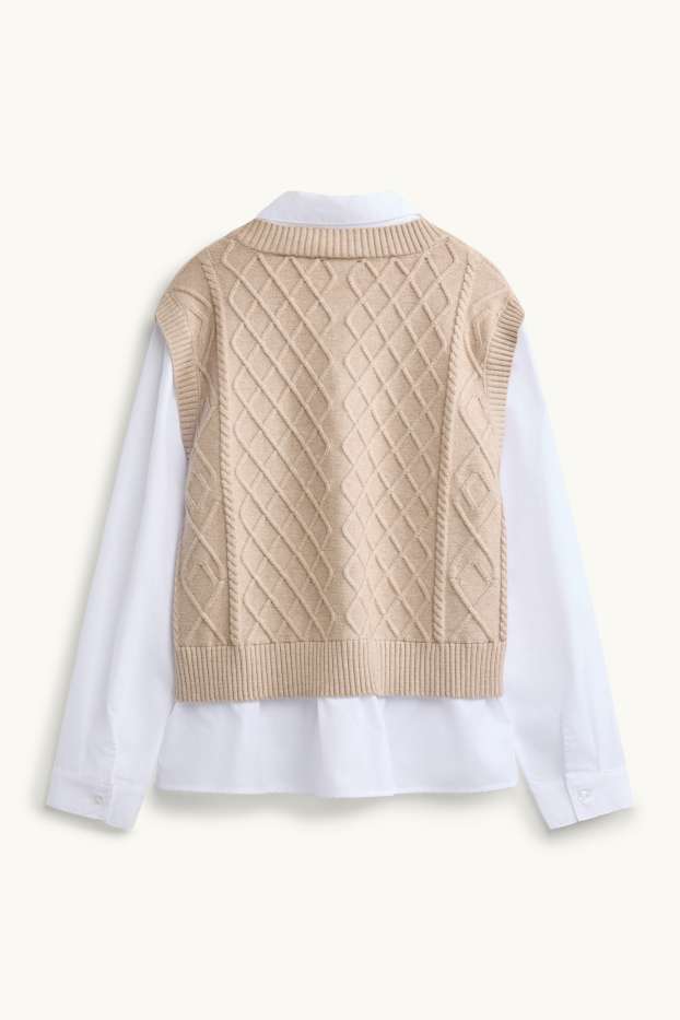 Damen - Pullunder - 2-in-1-Look - Zopfmuster - weiss / beige