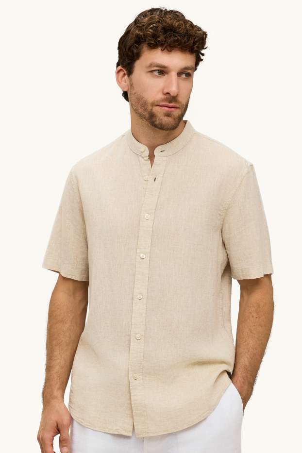 Unisex - Košile - regular fit - stojáček - lněná směs - krémové barvy