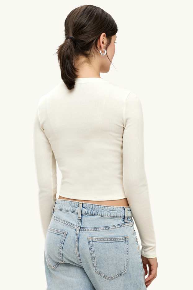 Femei - Tricou crop cu mânecă lungă - slim fit - reiat - crem