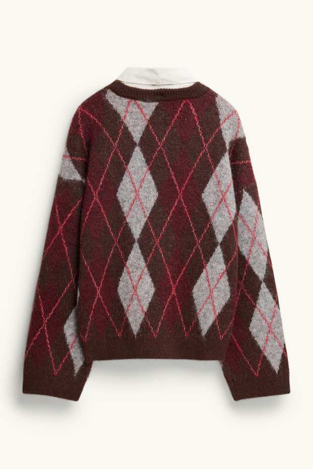Damen - Set - Pullover und Blusenkragen - 2 teilig - kariert - grau / braun