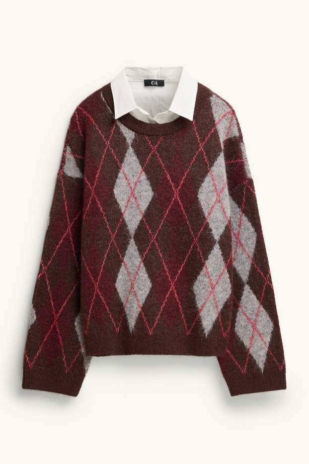 Damen - Set - Pullover und Blusenkragen - 2 teilig - kariert - grau / braun