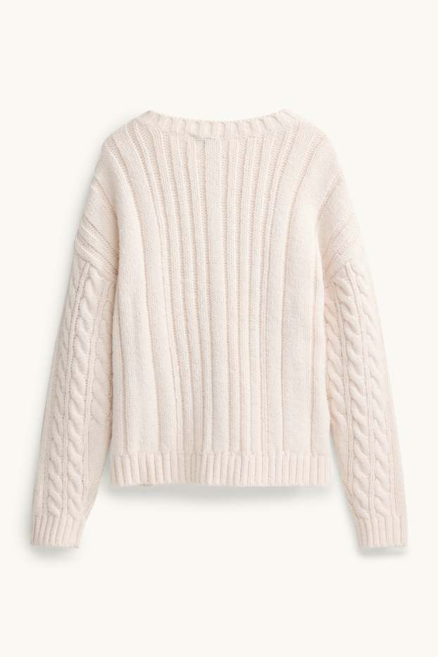 Damen - Pullover - Zopfmuster - cremefarben
