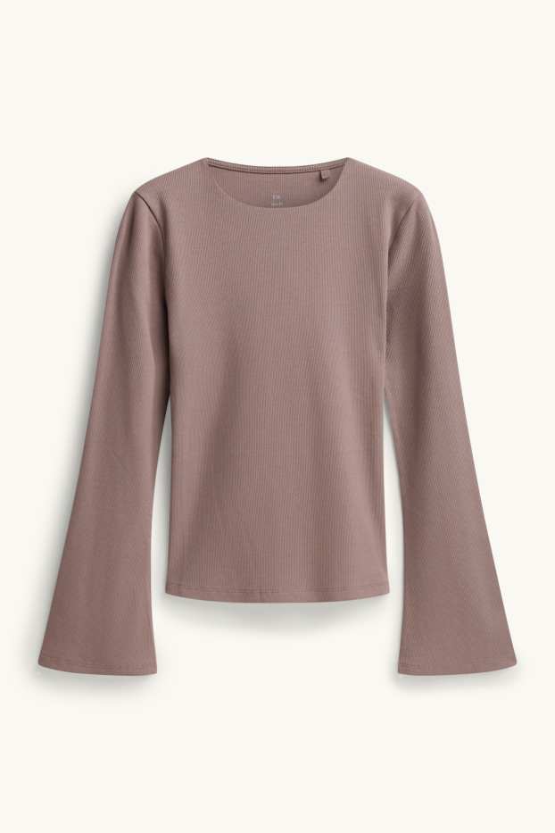 Dames - Longsleeve - slim fit - geribd - taupe