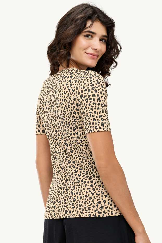 Donna - T-shirt - slim fit - a coste - stampa leopardata - nero / beige