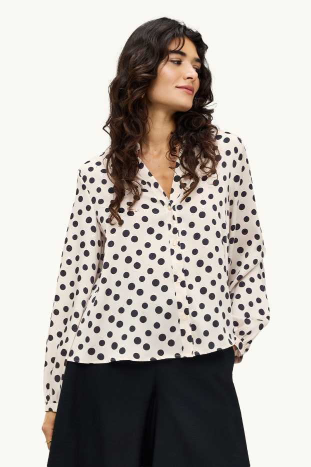 Dames - Blouse met V-hals - met stippen - wit / zwart