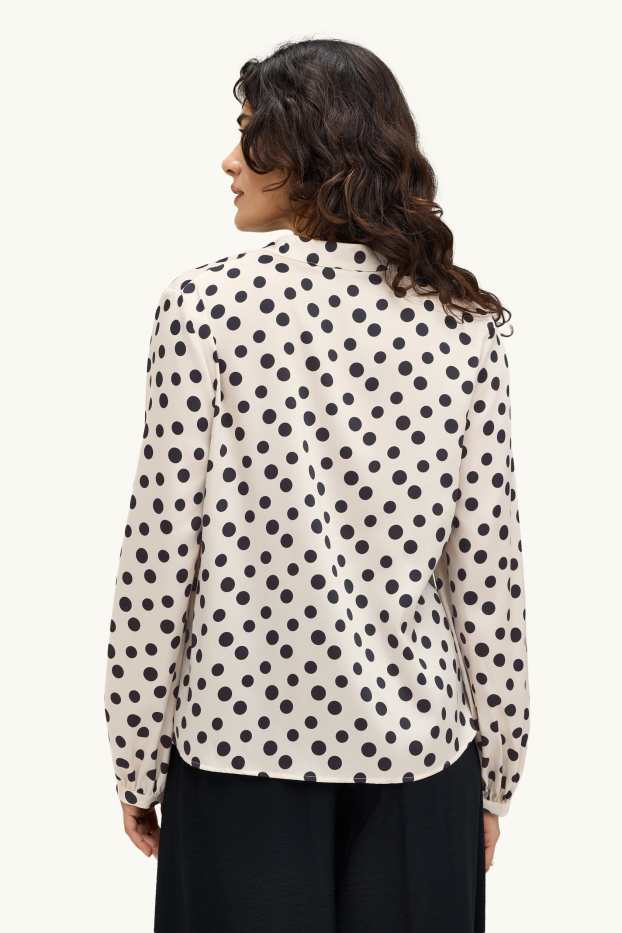 Dames - Blouse met V-hals - met stippen - wit / zwart