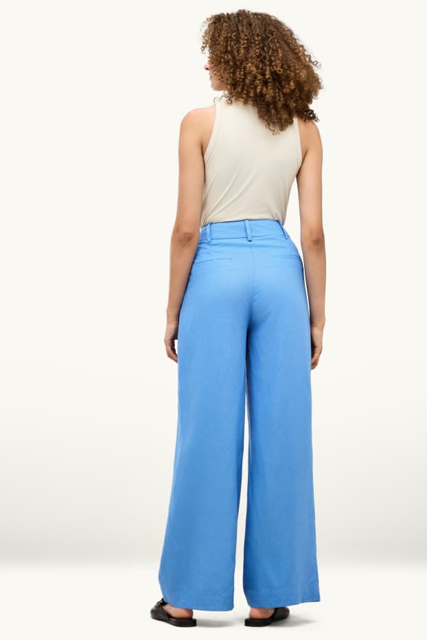 Donna - Pantaloni business - vita alta - gamba ampia - misto lino - blu