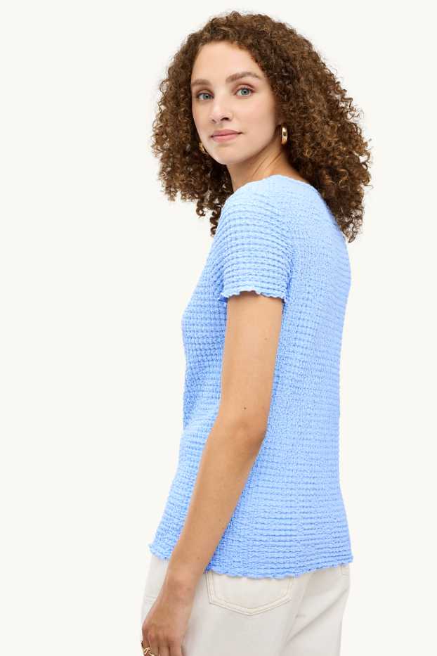 Damen - T-Shirt mit V-Ausschnitt und Knopfleiste - Regular Fit - blau