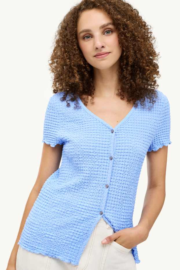Damen - T-Shirt mit V-Ausschnitt und Knopfleiste - Regular Fit - blau