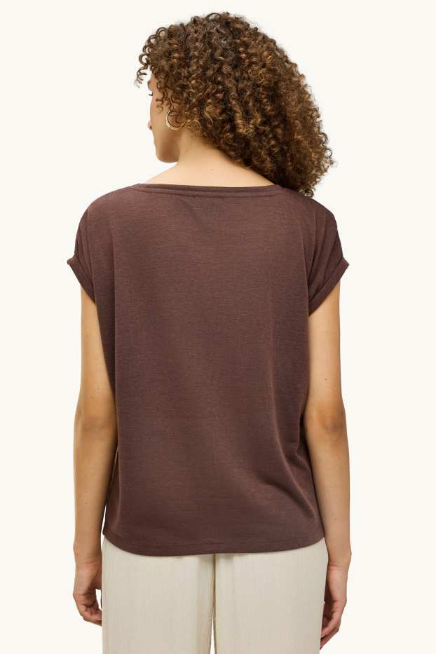 Dames - T-shirt met V-hals - relaxed fit - bruin