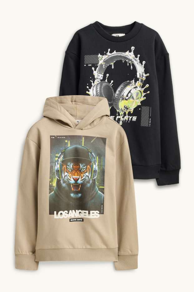 Enfants garçons - Lot de 2 - tigre et écouteurs - sweat à capuche et sweat - noir / beige