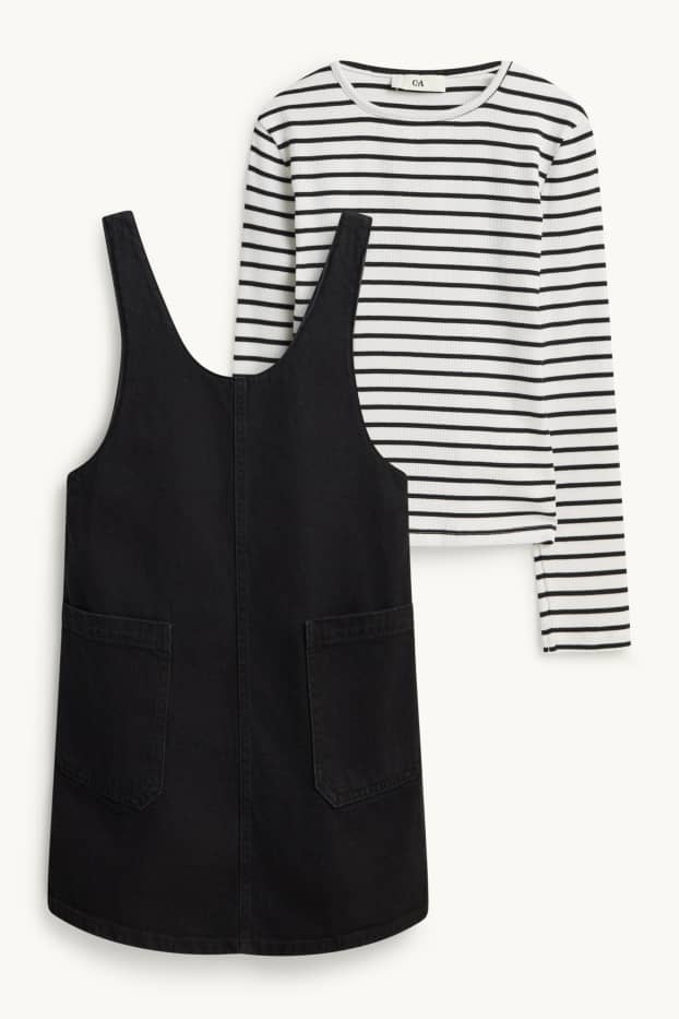Kinder Mädchen - Set - Langarmshirt und Jeans-Latzkleid - 2 teilig - schwarz / weiss