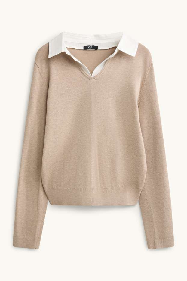 Donna - Maglione scollo a V - regular fit - effetto 2 in 1 - beige