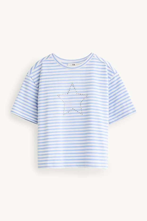 Children Girls - Star - short sleeve T-shirt with rhinestones - striped - blue / white