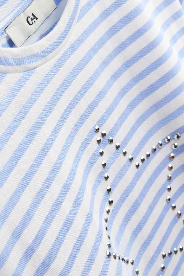 Children Girls - Star - short sleeve T-shirt with rhinestones - striped - blue / white
