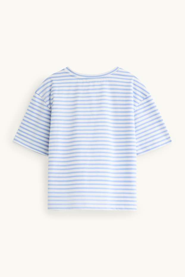 Children Girls - Star - short sleeve T-shirt with rhinestones - striped - blue / white
