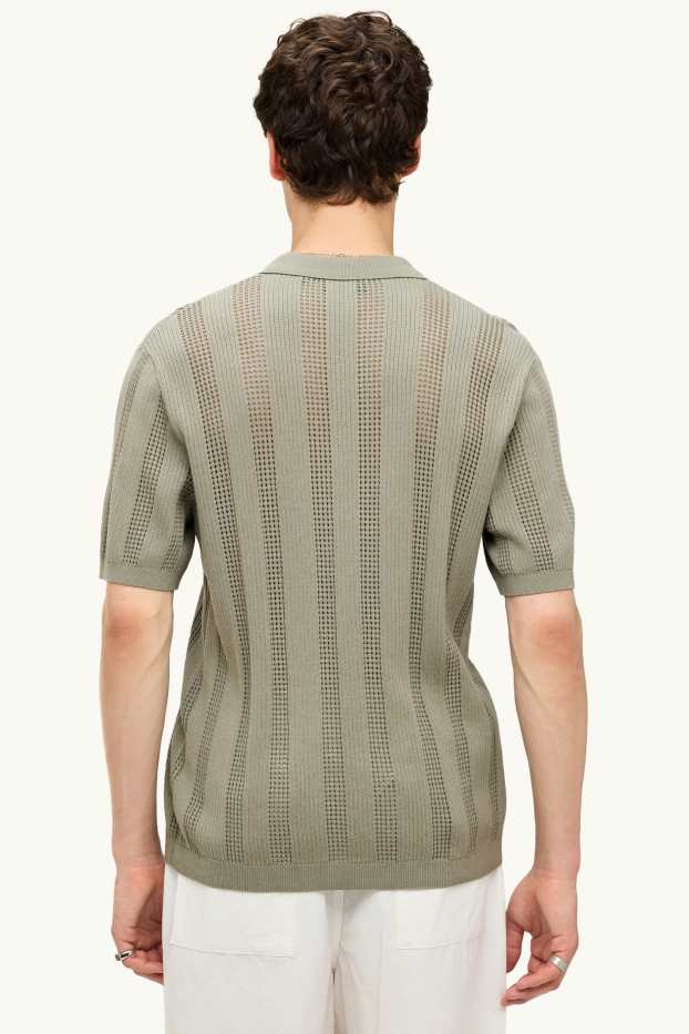 Heren - Gebreid poloshirt - relaxed fit - geribd - gestreept - groen
