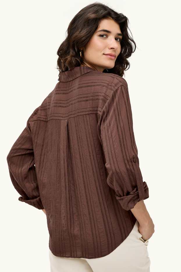 Dames - Blouse met knoop in de stof - donkerbruin