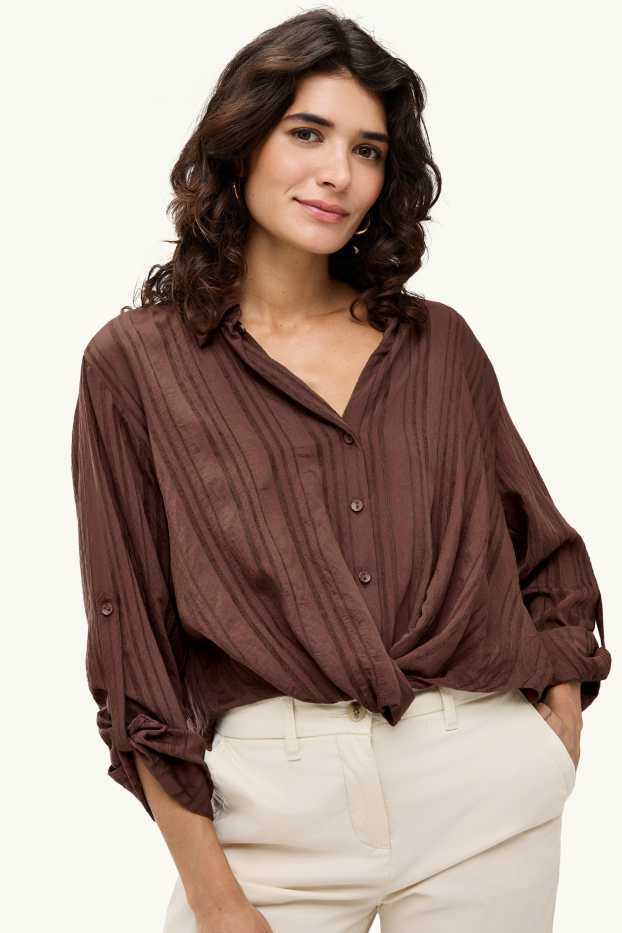 Dames - Blouse met knoop in de stof - donkerbruin