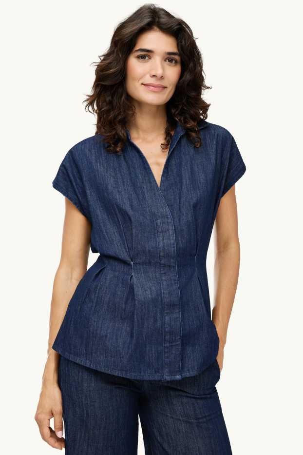 Donna - Camicia di jeans con scollo a V - jeans blu scuro