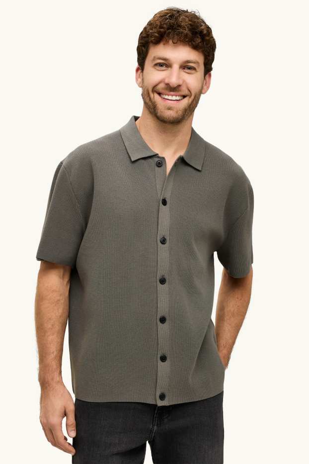 Heren - Gebreid overhemd - relaxed fit - grijs / groen