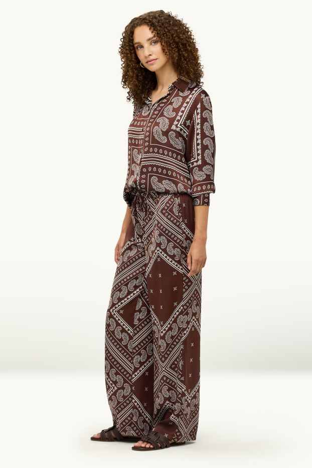 Dona - Pantalons de tela - mid waist - wide leg - amb motiu - marró